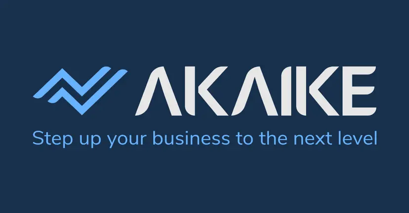 Akaike digital logo + icon + slogan. The slogan reads "Step up your business to the next level"